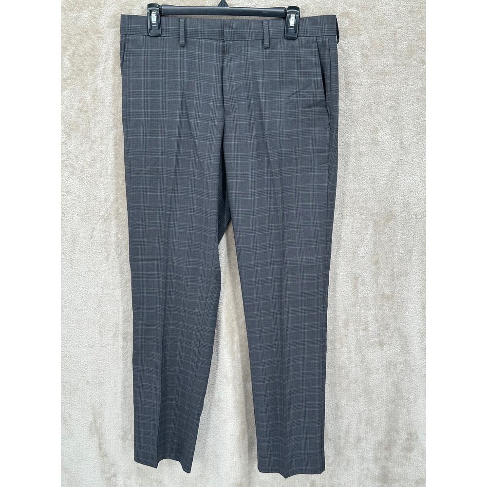 Perry Ellis Portfolio Pants Mens 32x32 Gray Plaid Slim Fit Dress Trousers Office